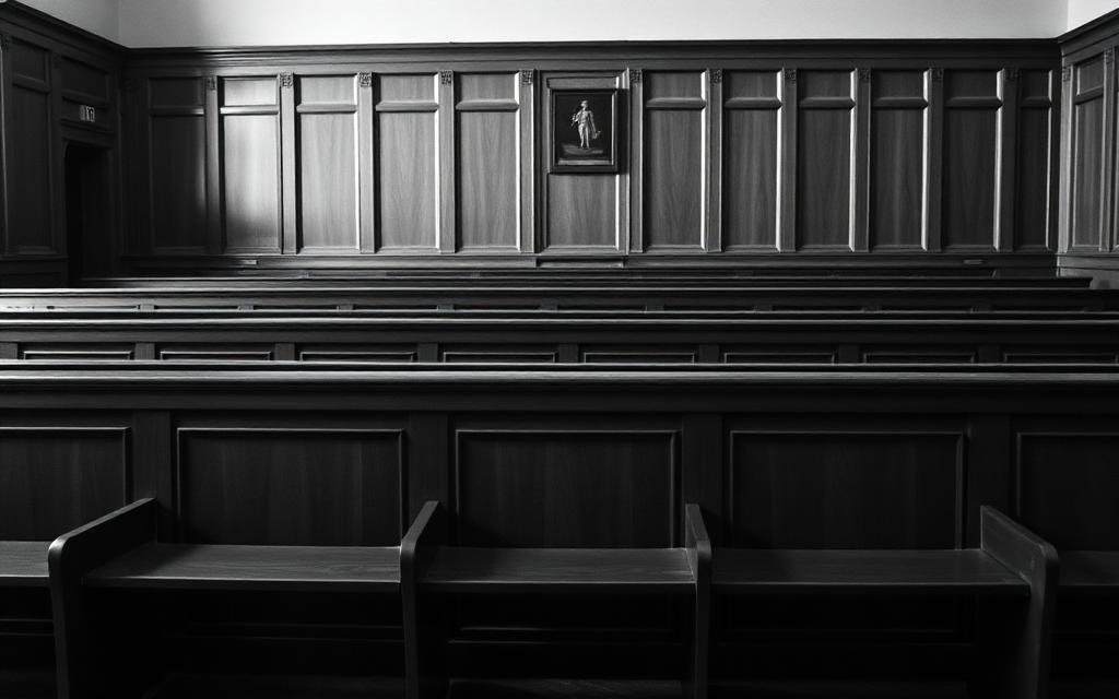 Empty German courtroom benches, illustrating the cum-ex proceedings