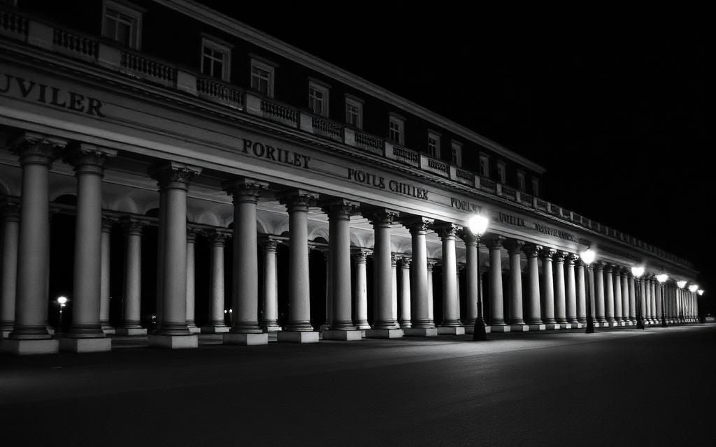 Paris courthouse colonnade at night, illustrating the UBS France proceedings