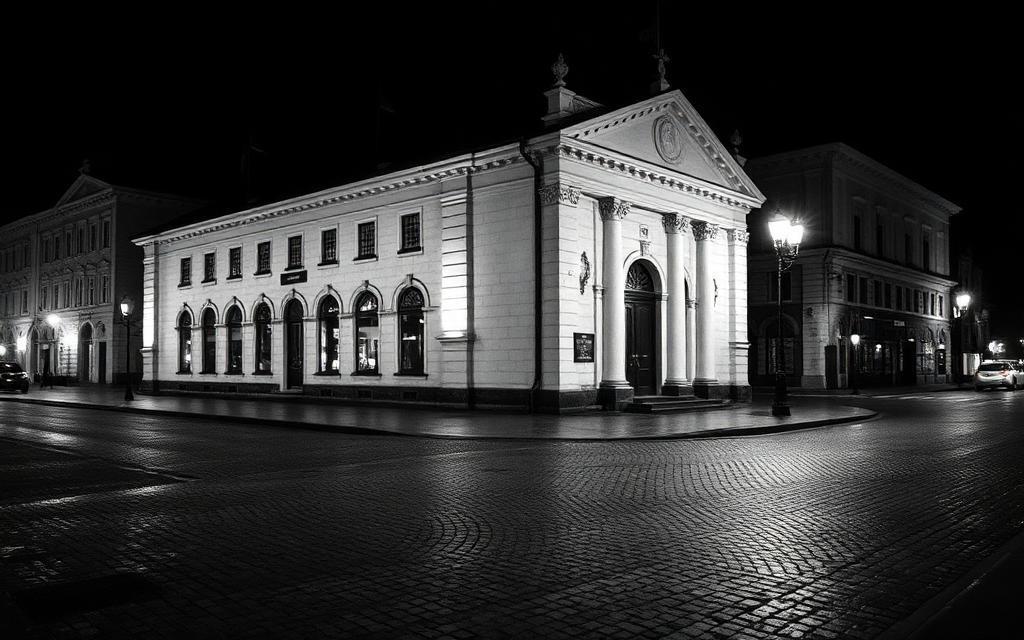 Riga old town bank building at night, illustrating the ABLV wind-down